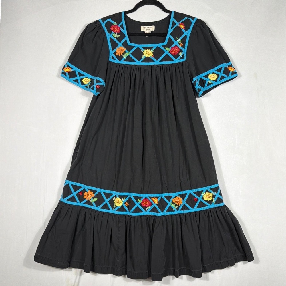 Vtg Bechamel Embroidered Floral Peasant Midi Dress PL Black Cotton Cottage Boho